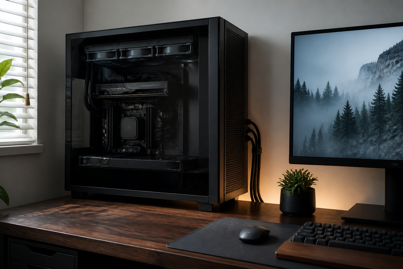 PC-Gehäuse links neben Schreibtisch mit sichtbarer Glasfläche