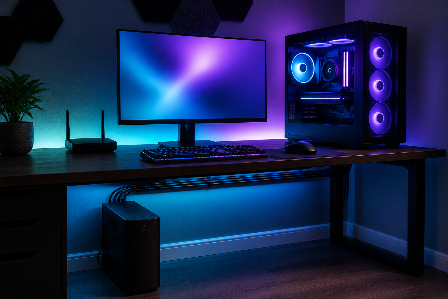 Gaming-PC mit Monitor und USV am Schreibtisch