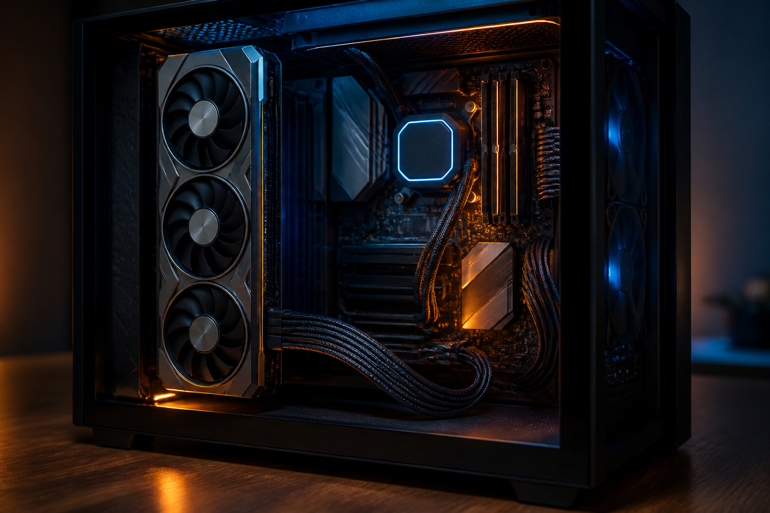 Gaming-PC mit vertikaler Grafikkarte und PCIe-Riser-Kabel