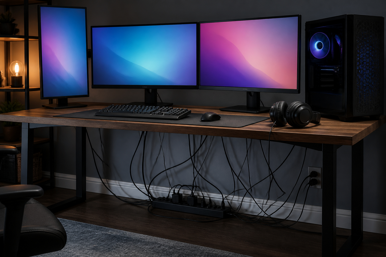 Gaming-Schreibtisch mit Kabelsalat vor dem Kabelmanagement