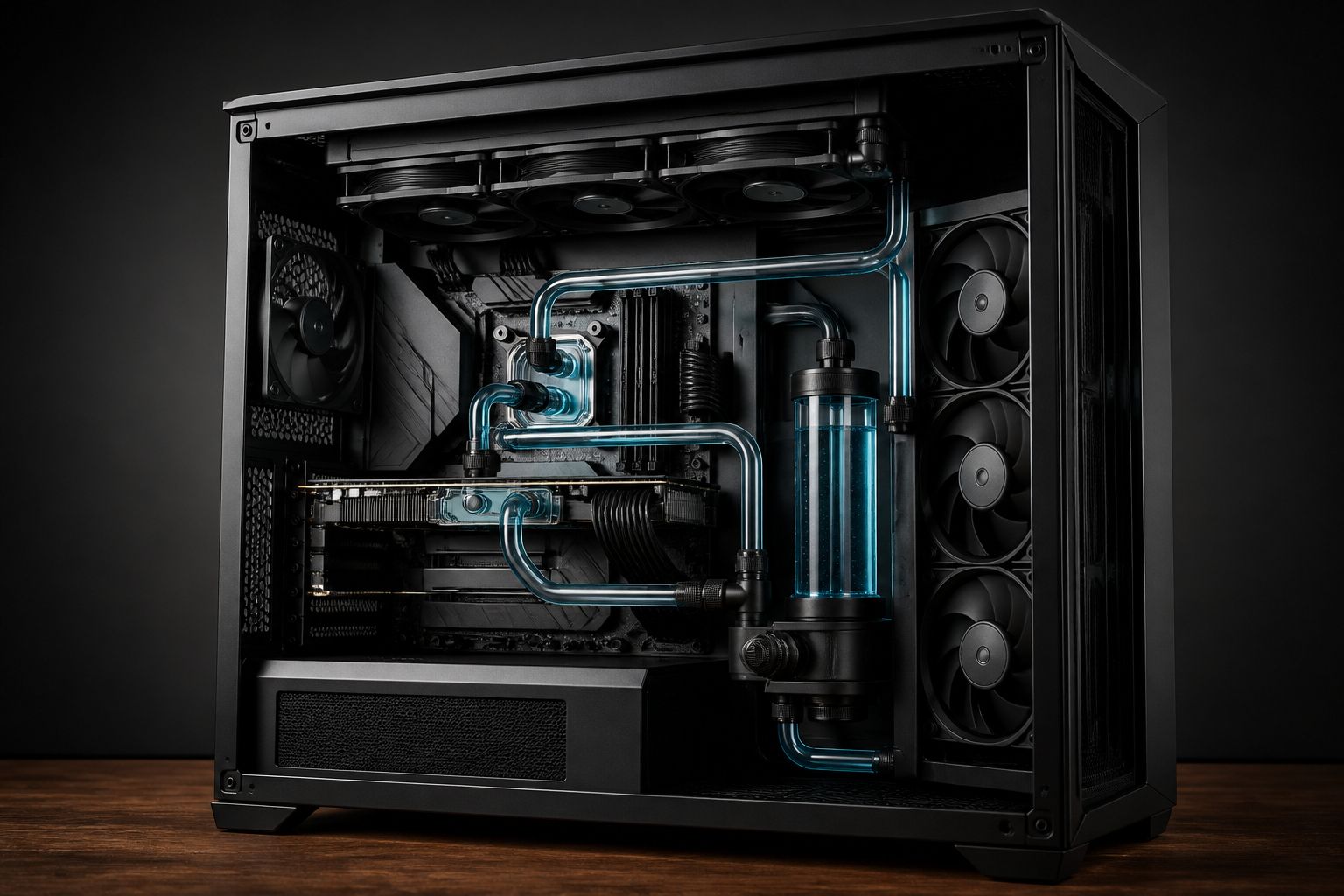 Wasserkühlung mit Radiator und Grafikkarte im großen PC-Gehäuse