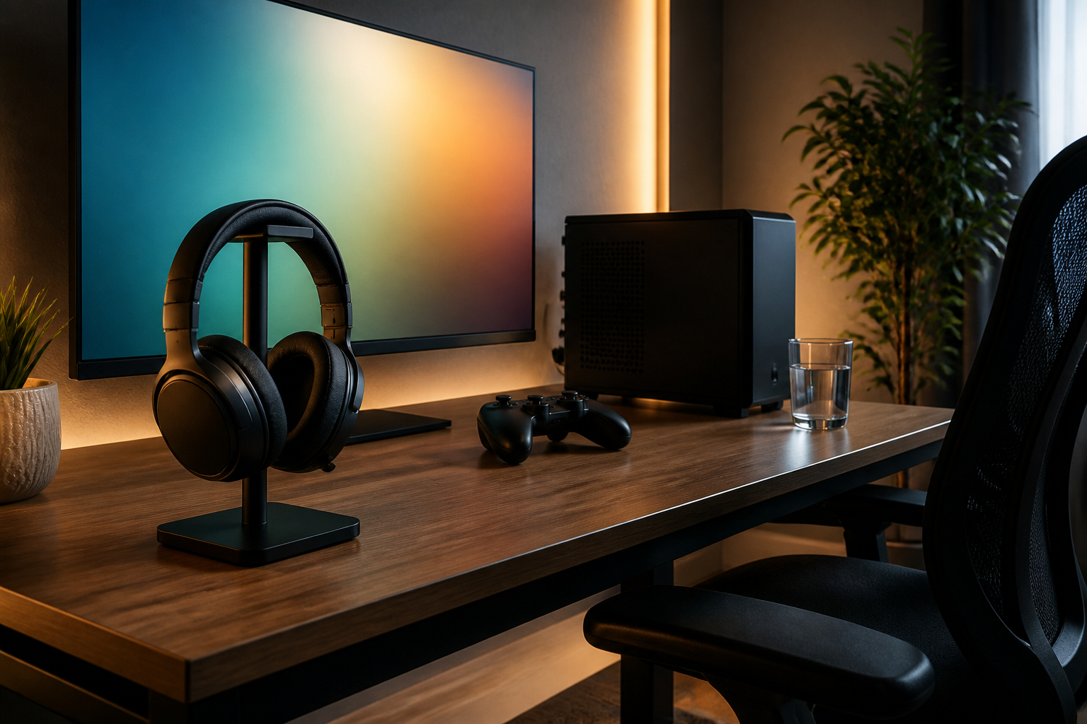 Ergonomisches Gaming-Setup mit Headset und guter Kabelführung