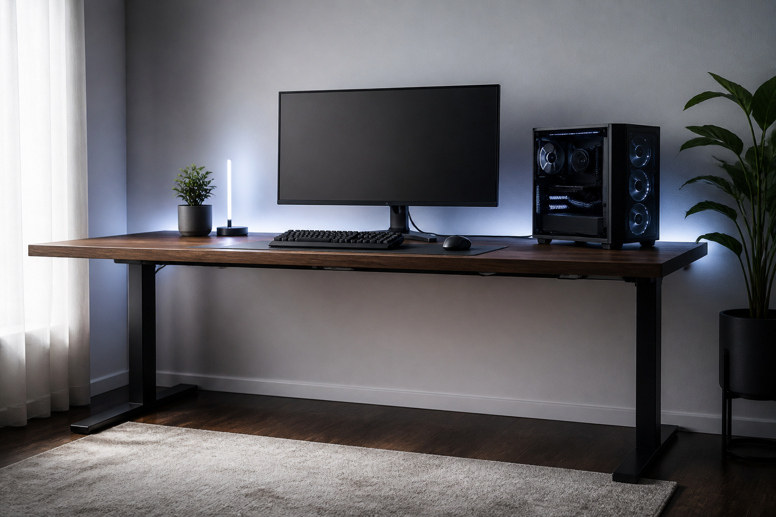 Aufgeräumtes Gaming-Setup mit Kabelführung unter dem Schreibtisch