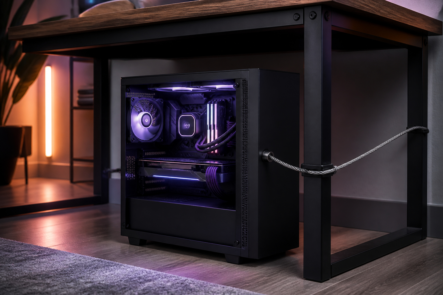 Gaming-PC mit Kabelschloss am stabilen Schreibtisch sichern