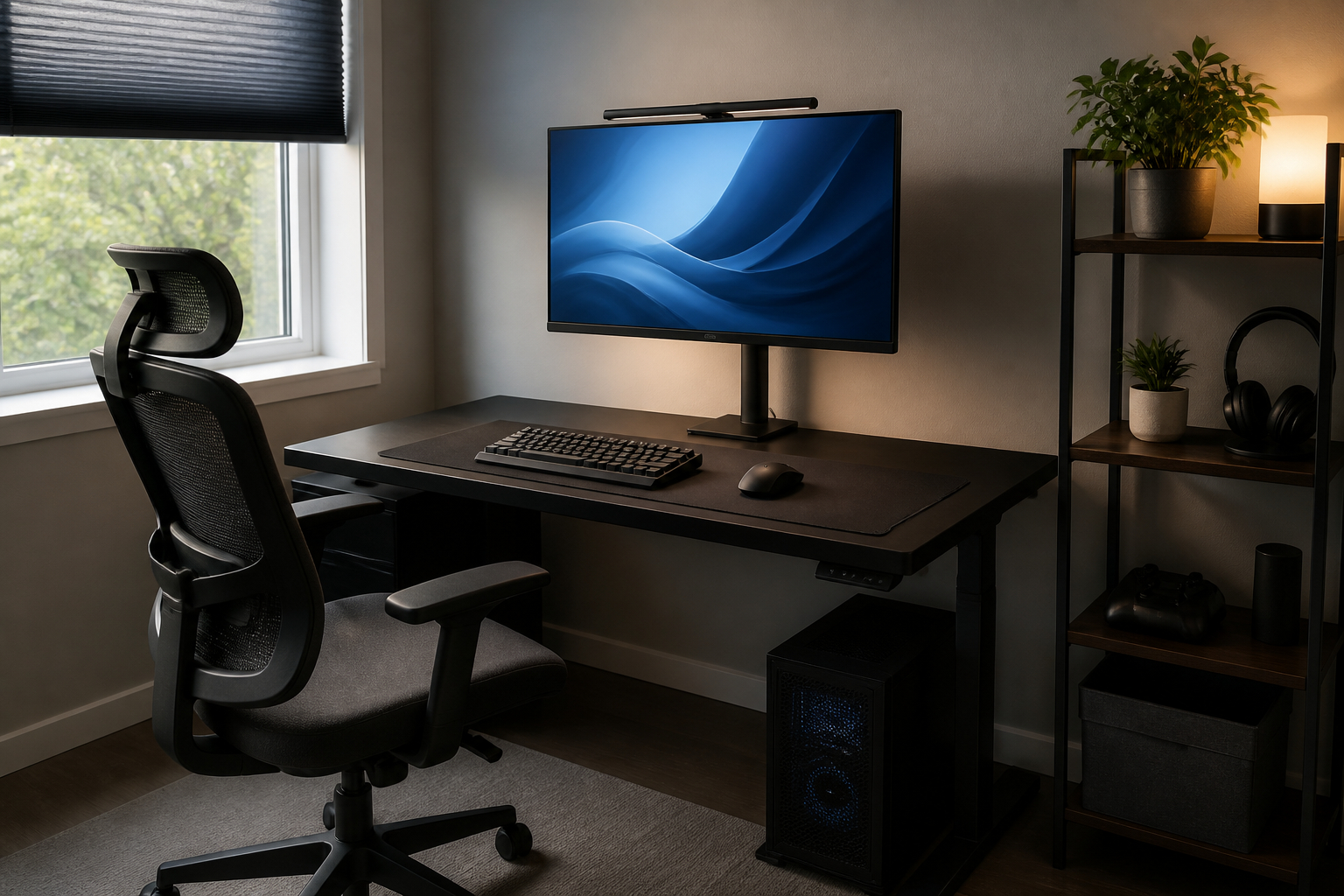 Kompakter Gaming-Schreibtisch mit Regal im kleinen Zimmer
