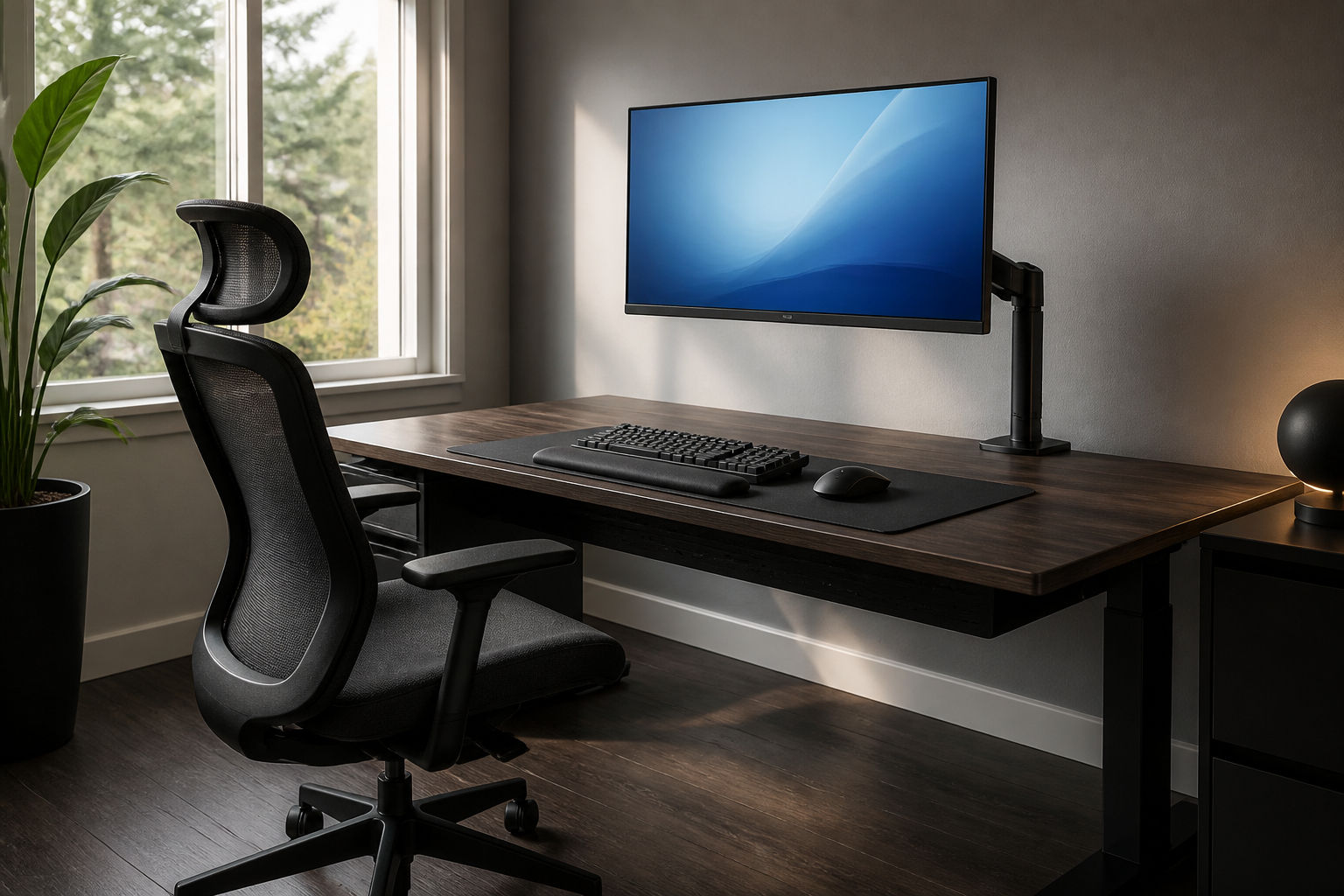Ergonomische Sitzhaltung am Gaming-Schreibtisch mit Monitor auf Augenhöhe