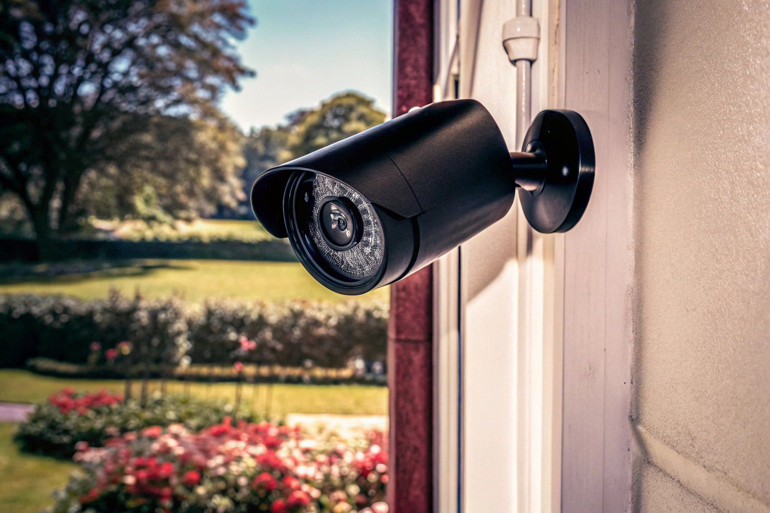 AOQEE 2K Überwachungskamera im Außenbereich installiert, mit Blick auf den Garten. AOQEE Überwachungskamera im Garten