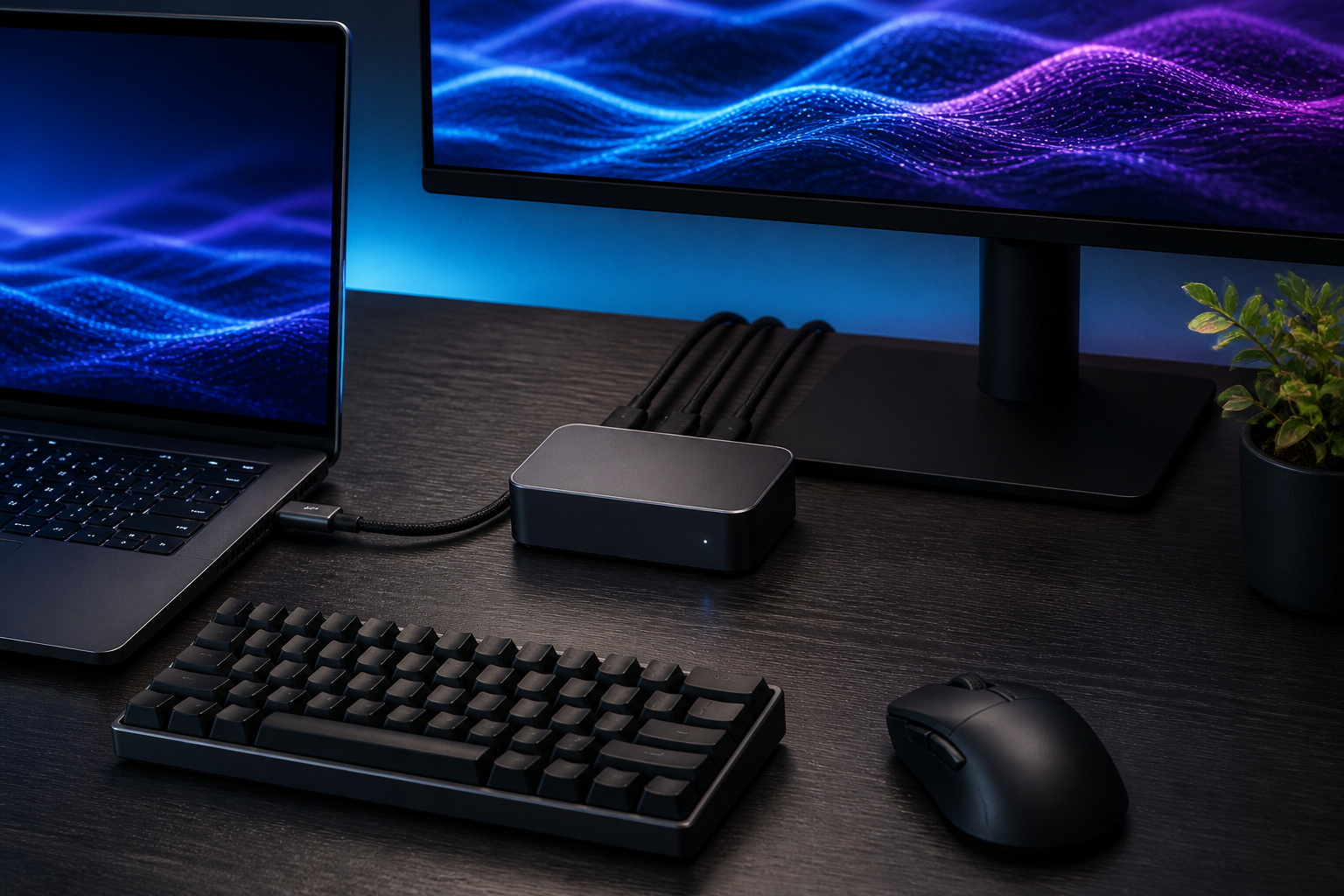 USB-C-Dockingstation am Gaming-Laptop mit Monitor Maus Tastatur und Ethernet