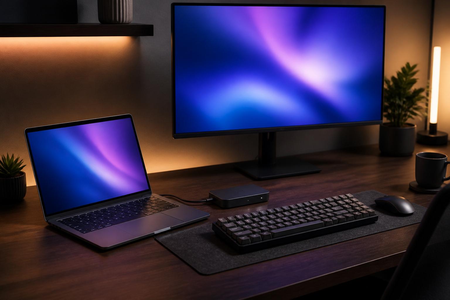 Aufgeräumtes Gaming-Setup mit USB-C-Dockingstation und Monitor