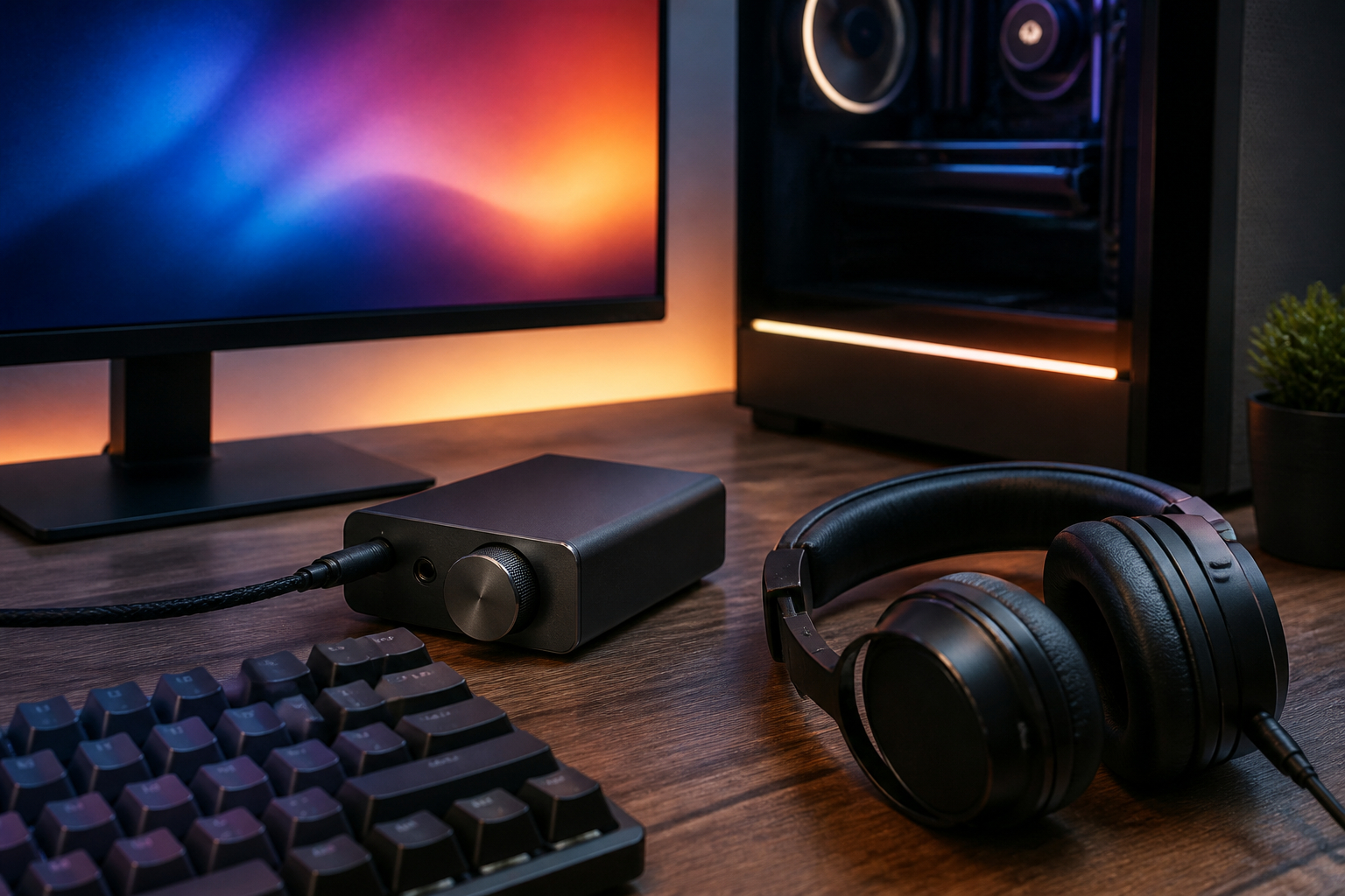 USB-DAC und Kopfhörerverstärker am Gaming-PC auf dem Schreibtisch