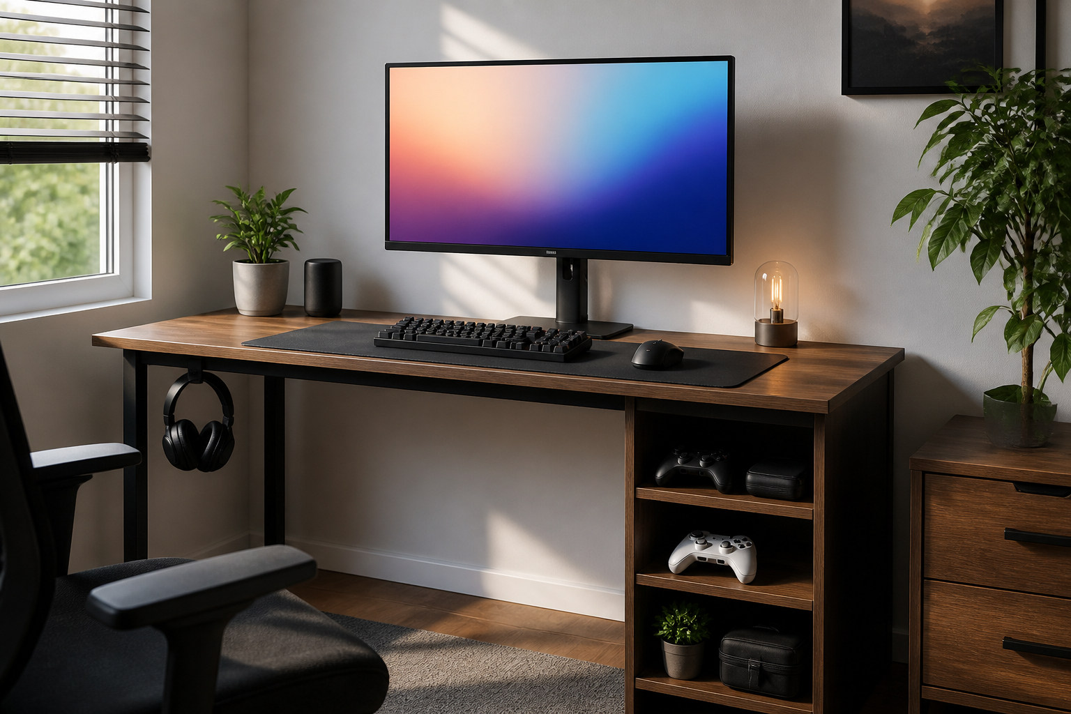 Ergonomisch eingerichteter kleiner Gaming-Arbeitsplatz