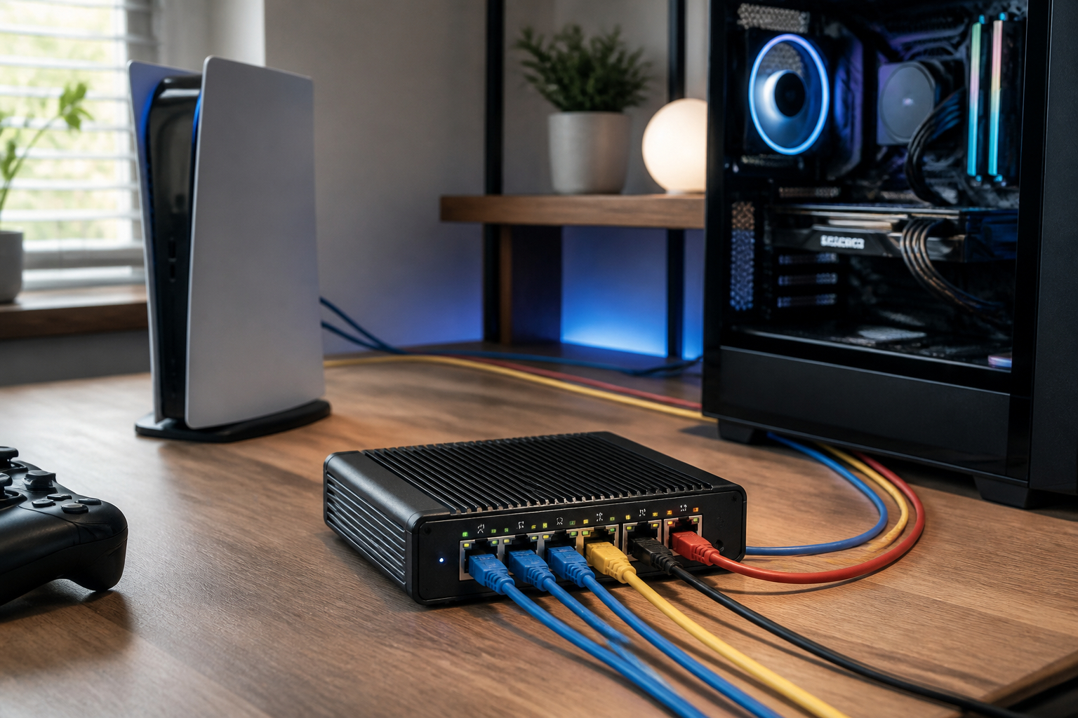 Kompakter 2,5G Ethernet Switch im Gaming-Setup