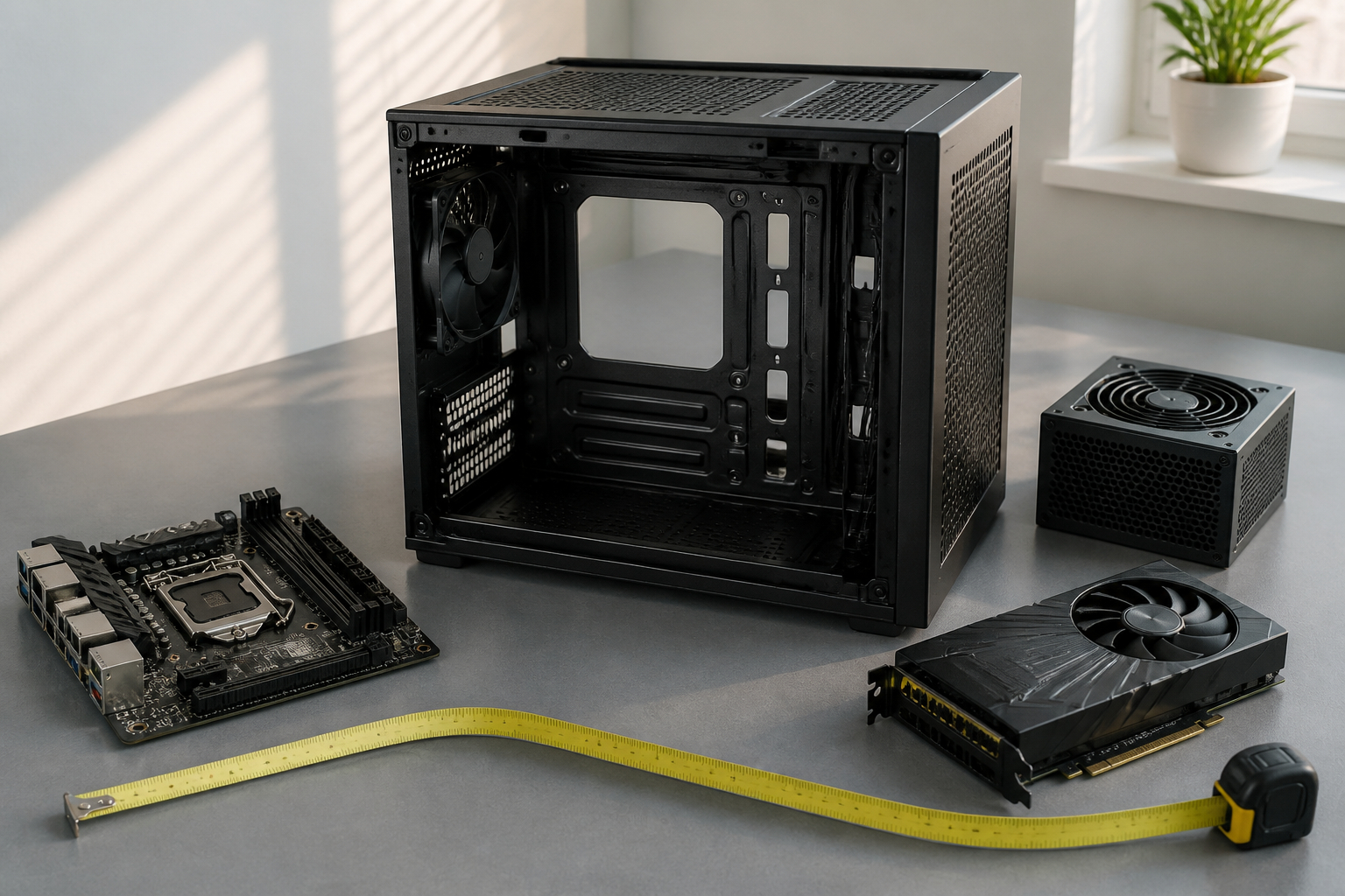 Mini-ITX-Gehäuse und PC-Komponenten mit Maßband planen