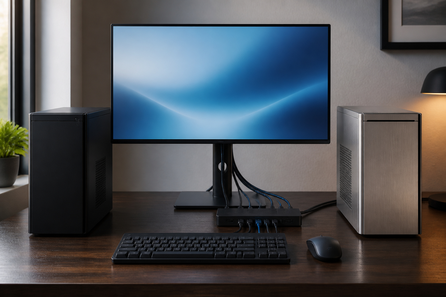 KVM-Switch verbindet zwei PCs mit einem Monitor und gemeinsamer Tastatur und Maus