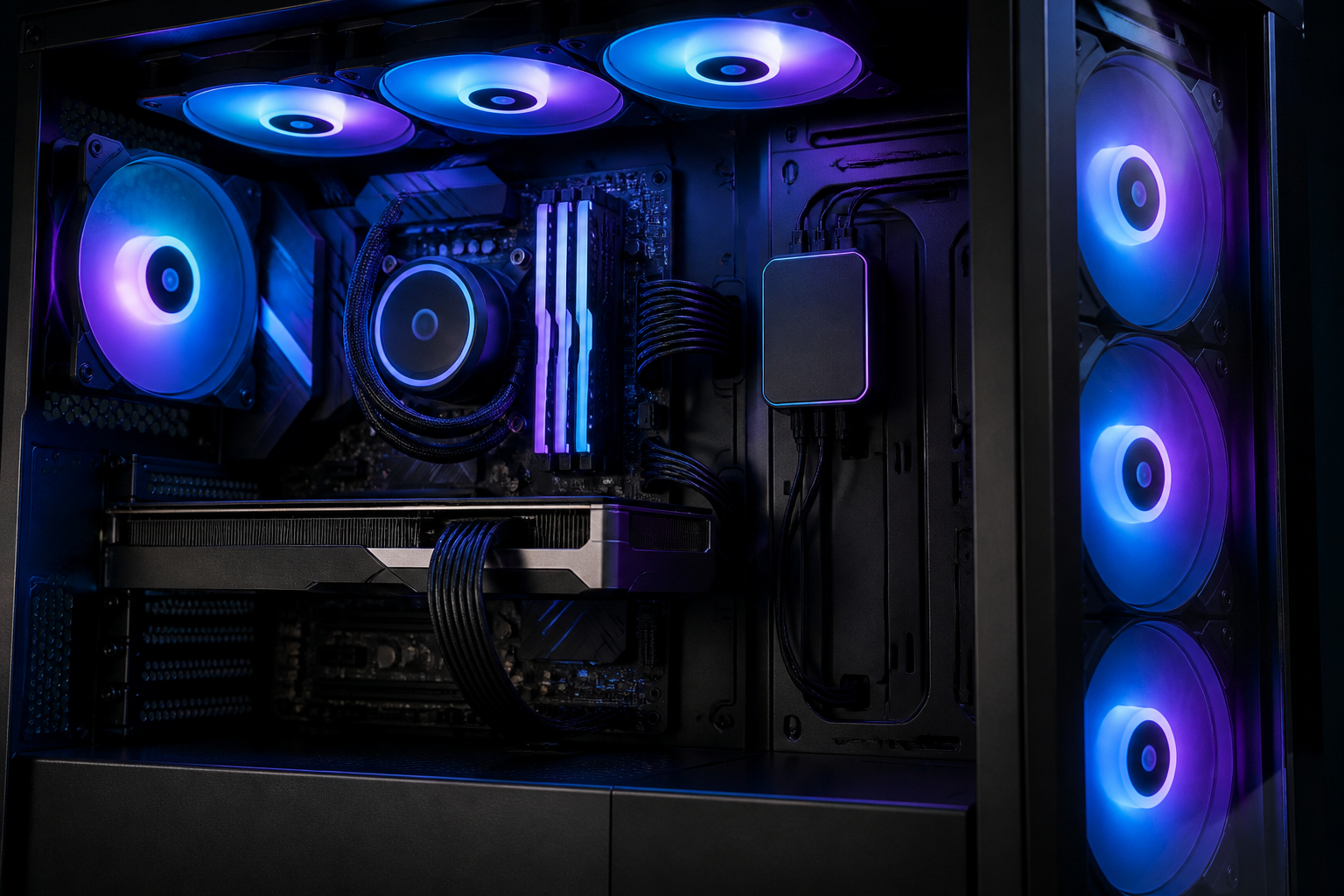 Gaming-PC mit synchronisierten ARGB-Lüftern und zentralem RGB-Controller