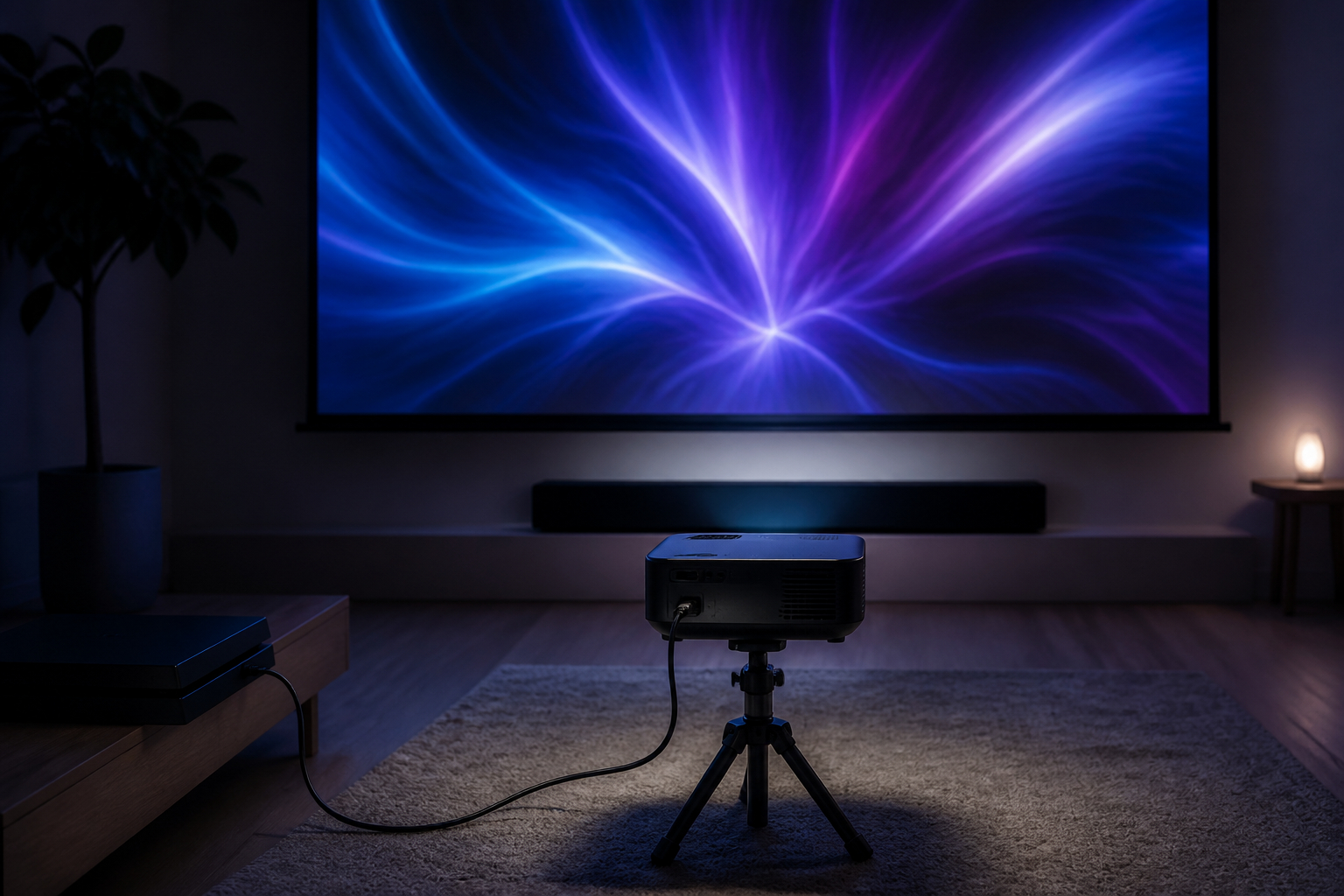 Gaming-Projektor mit Konsole, Stativ und Soundbar