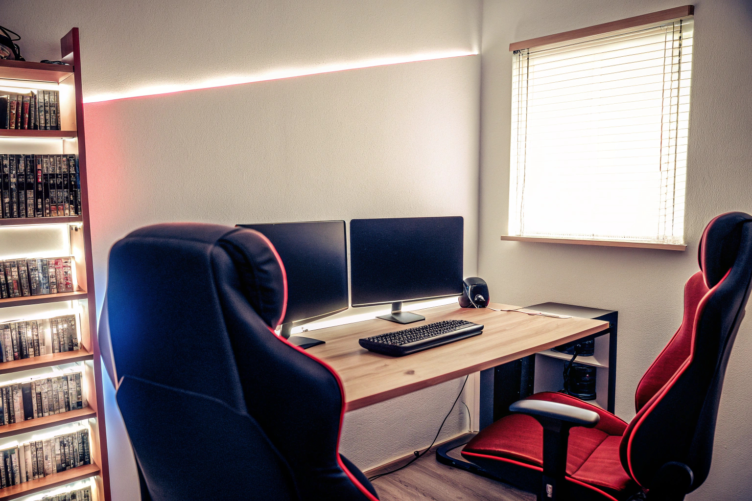 Beleuchteter Gaming-Raum mit RGB-Lichtleisten an den Wänden. Gaming-Raum mit RGB-Beleuchtung