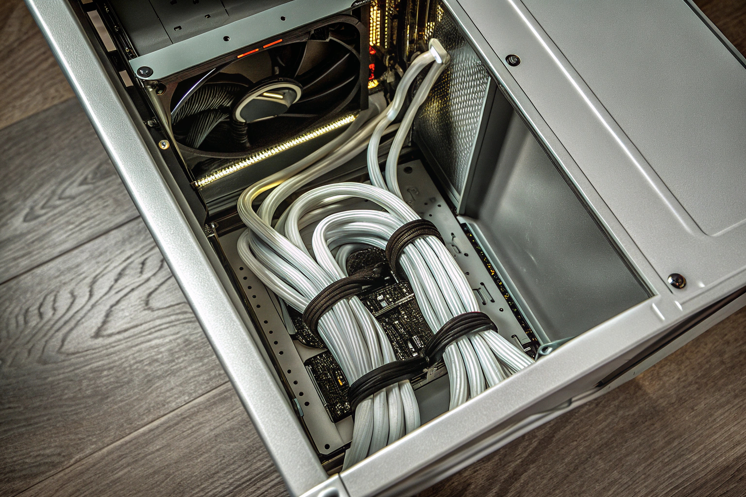 Bild eines ordentlich verkabelten Gaming-PCs, das die saubere Anordnung der Kabel zeigt. Sauber verkabelter Gaming-PC