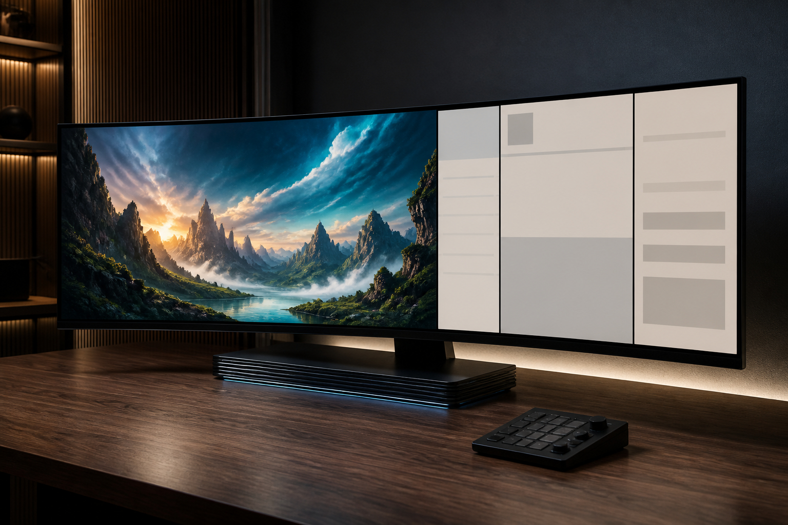 Ultrawide OLED-Gaming-Monitor mit wechselnden Bildinhalten