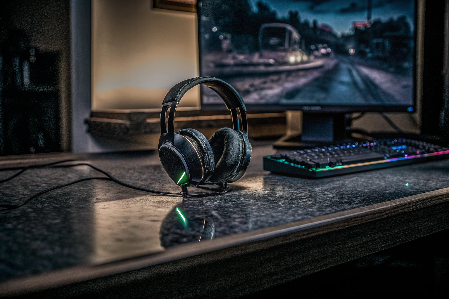 Das Corsair HS80 RGB Headset in einer Gaming-Umgebung, zeigt die RGB-Beleuchtung und das Mikrofon. Corsair HS80 RGB Headset