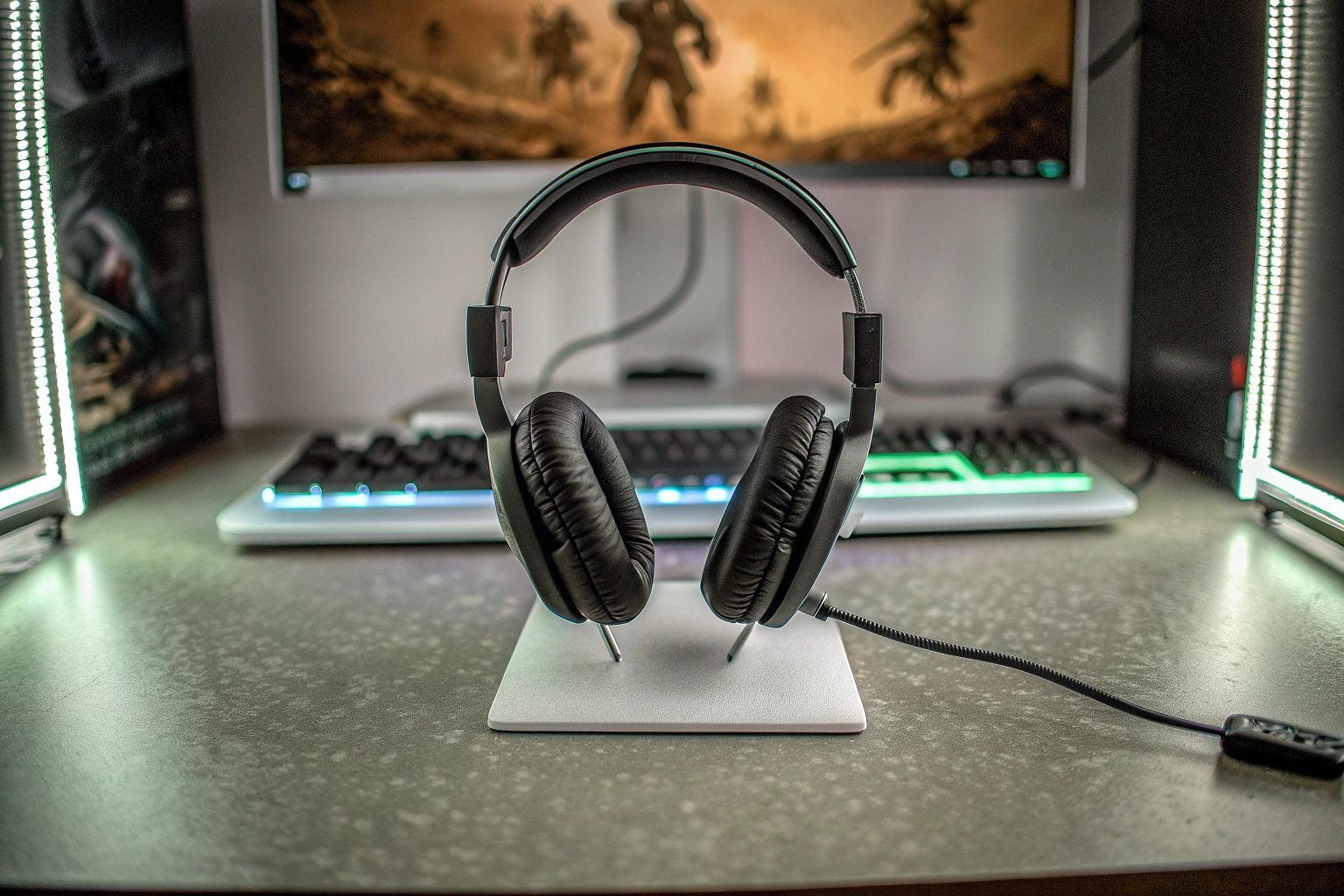 Das Logitech G432 Gaming-Headset in einer Gaming-Umgebung, zeigt die Ohrpolster und das Mikrofon. Logitech G432 Gaming-Headset
