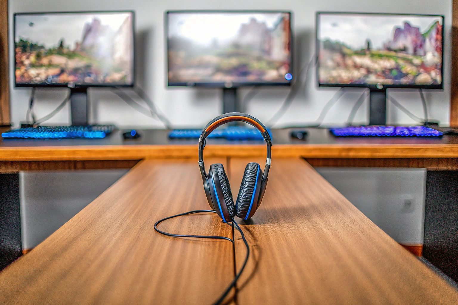 Das Logitech G432 Headset in einem Gaming-Setup mit mehreren Monitoren. Logitech G432 Gaming Headset