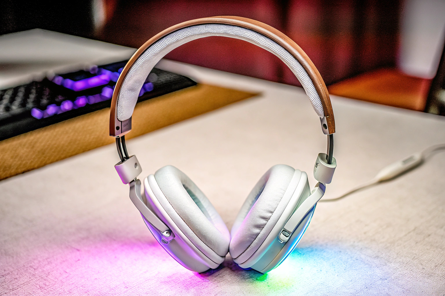 Das Ozeino Gaming Headset mit seinen leuchtenden RGB Lichtern, das eine immersive Spielerfahrung simuliert. Ozeino Gaming Headset