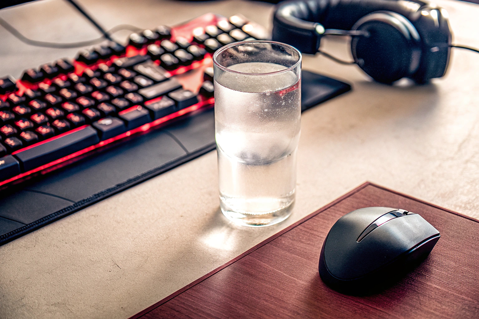 Das RITZENHOFF Gamers Wasserglas auf einem Schreibtisch neben Gaming-Zubehör. RITZENHOFF Gamers Wasserglas
