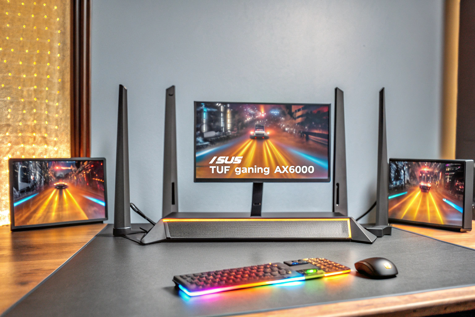 Der ASUS TUF Gaming AX6000 Router in einem Gaming-Setup mit mehreren Bildschirmen. ASUS TUF Gaming AX6000 im Gaming-Setup