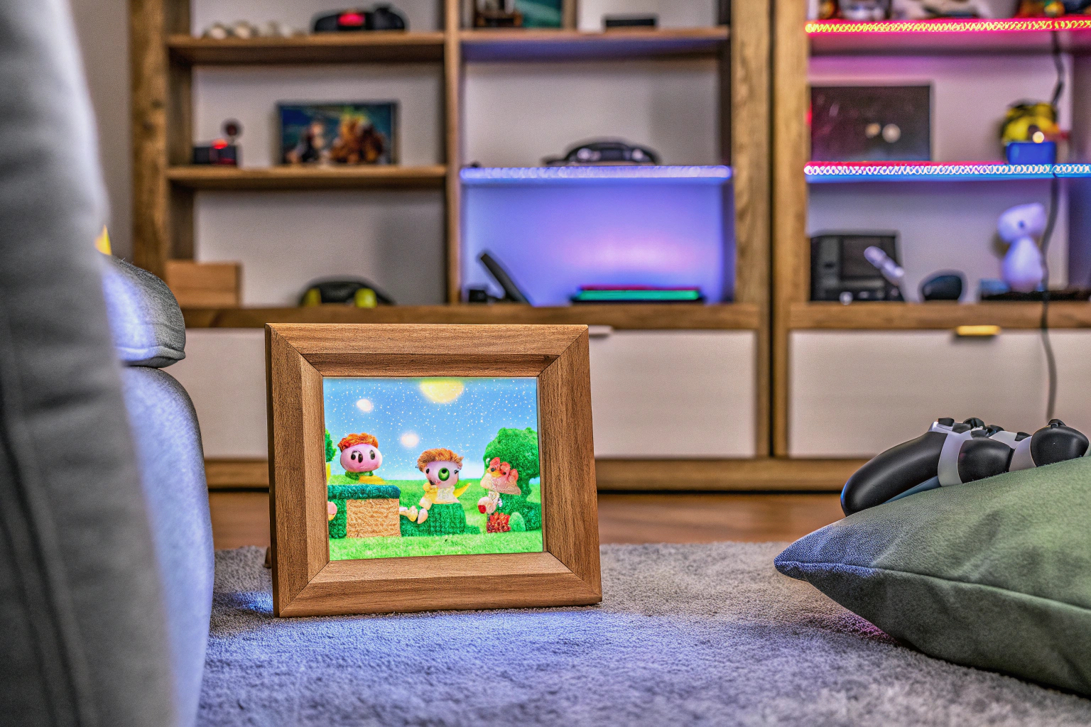 Der Divoom Pixoo Pixel Art Digitaler Bilderrahmen zeigt bunte Pixelkunst im Gaming-Zimmer. Divoom Pixoo Pixel Art Digitaler Bilderrahmen