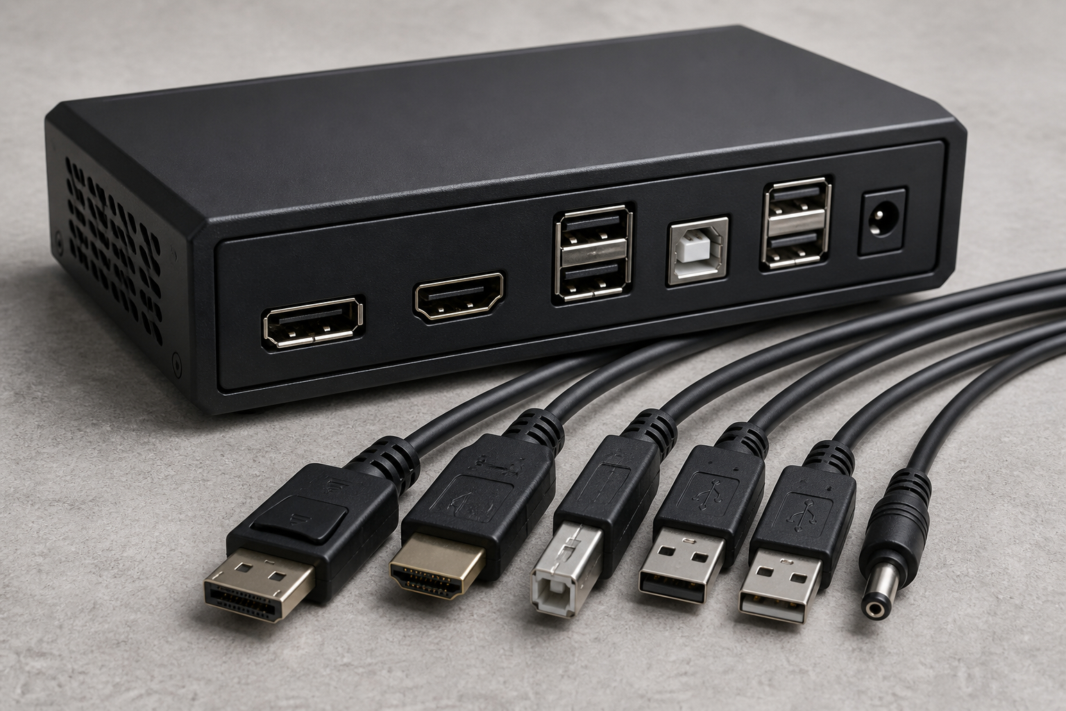 Anschlüsse und Kabel eines KVM-Switches für zwei PCs
