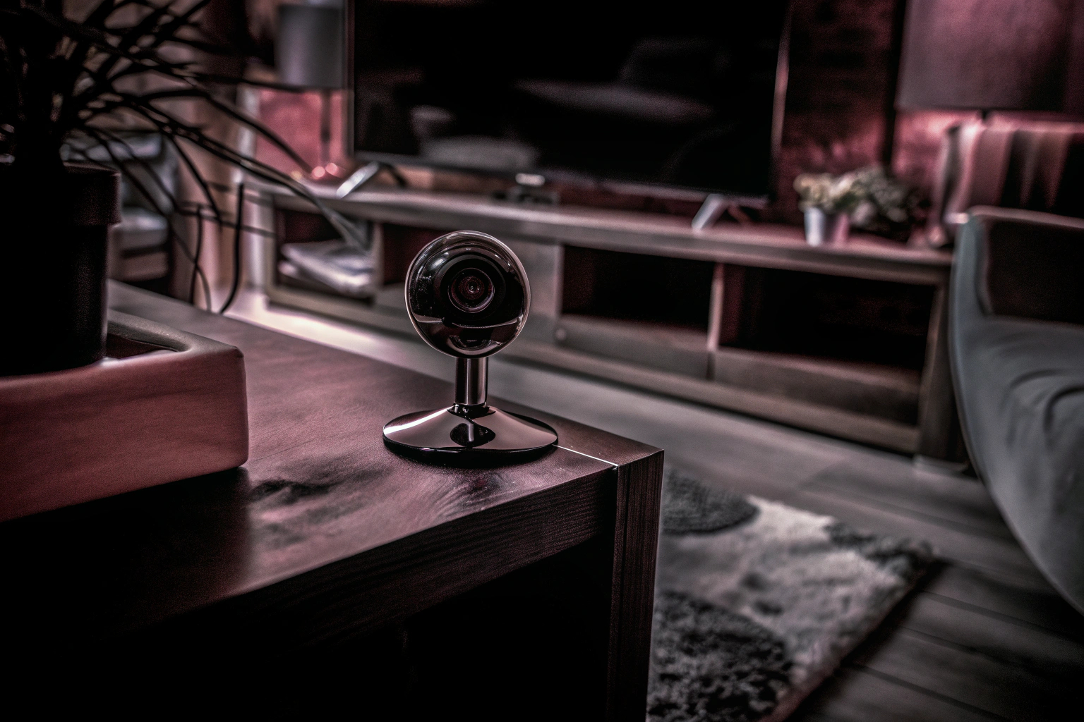 Detailaufnahme der Bosch Smart Home Eyes Innenkamera II in einem modernen Wohnraum platziert. Bosch Smart Home Kamera im Wohnzimmer