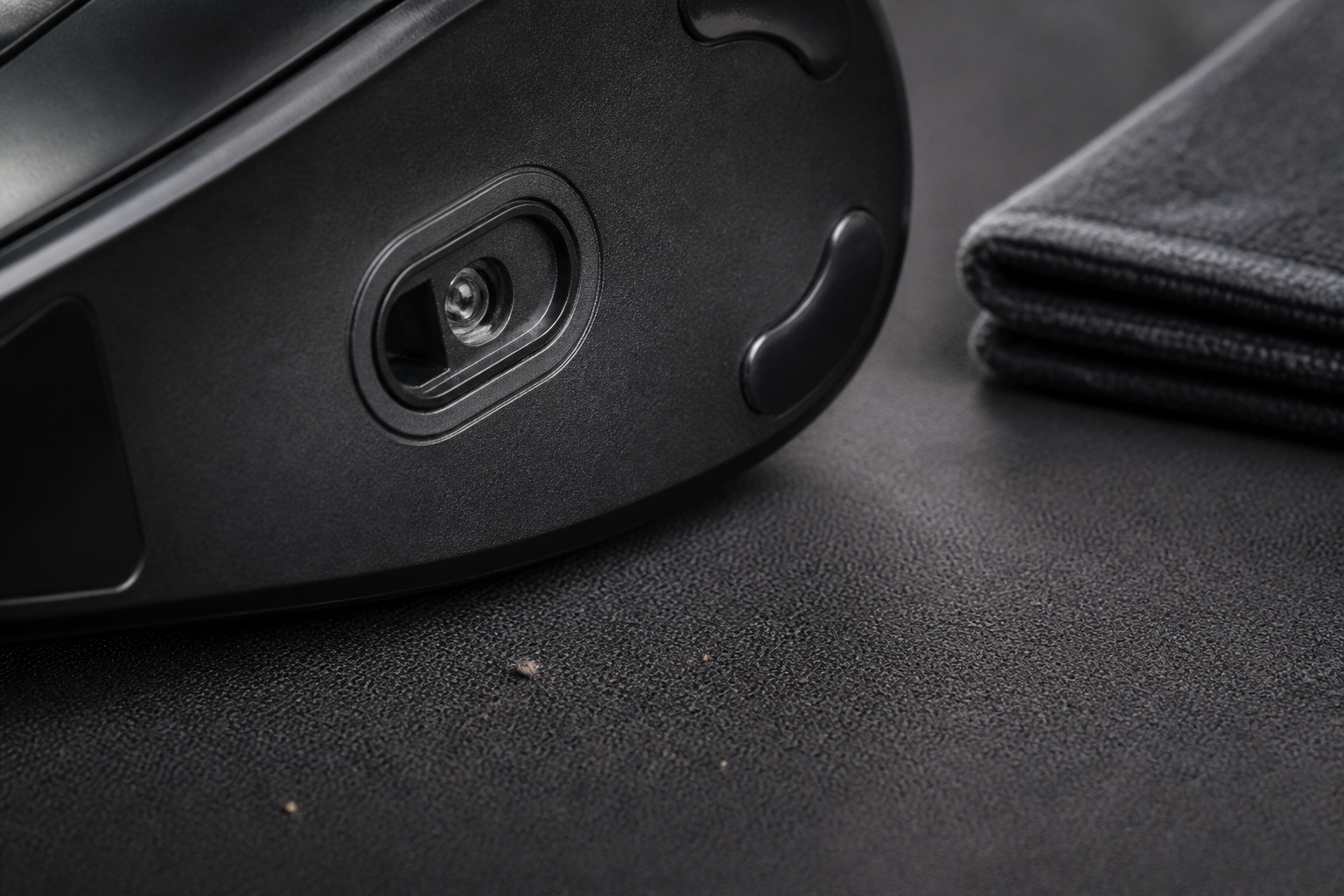 Optischer Sensor einer Gaming-Maus auf sauberem Mauspad