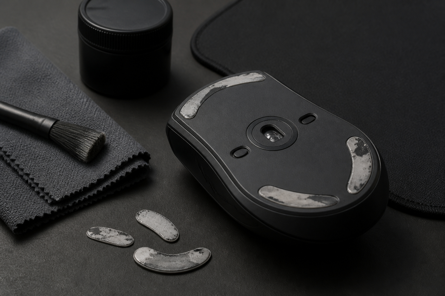Abgenutzte Gaming-Maus-Skates vor dem Wechsel