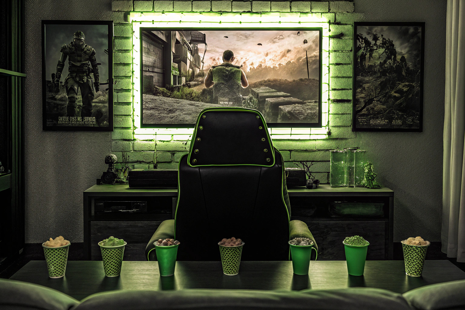 Detailaufnahme einer Gaming-Party mit thematischer Dekoration. Gaming-Party Dekoration