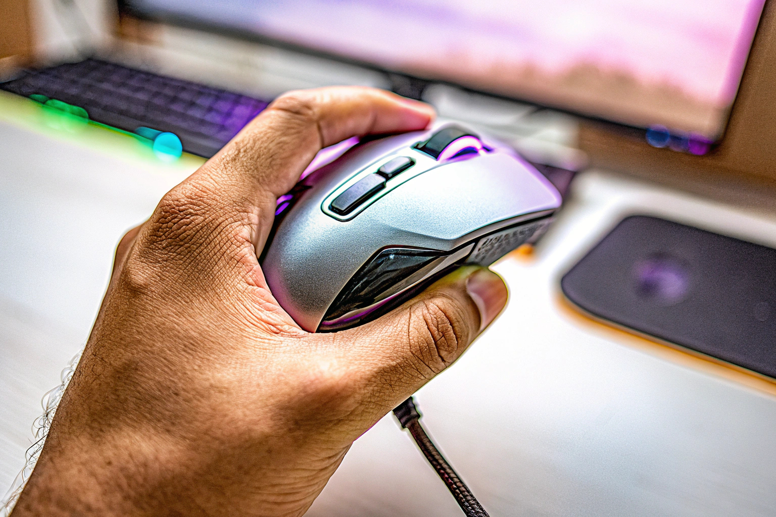 Detailaufnahme einer Hand, die eine ergonomische Gaming-Maus hält. Ergonomische Gaming-Maus in Hand