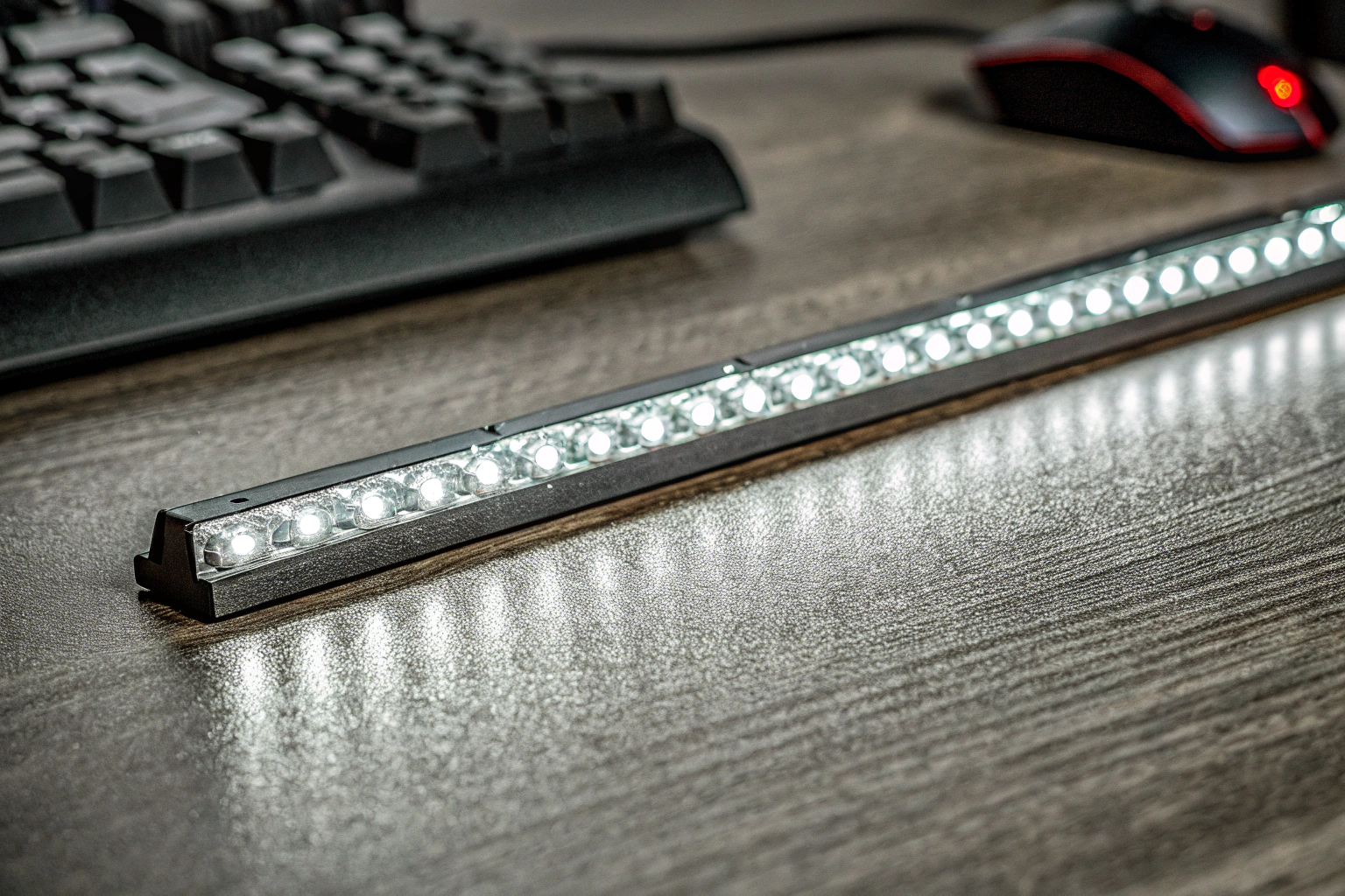 Detailaufnahme einer LED Lightbar, die das Gaming-Setup beleuchtet. LED Lightbar im Gaming-Setup