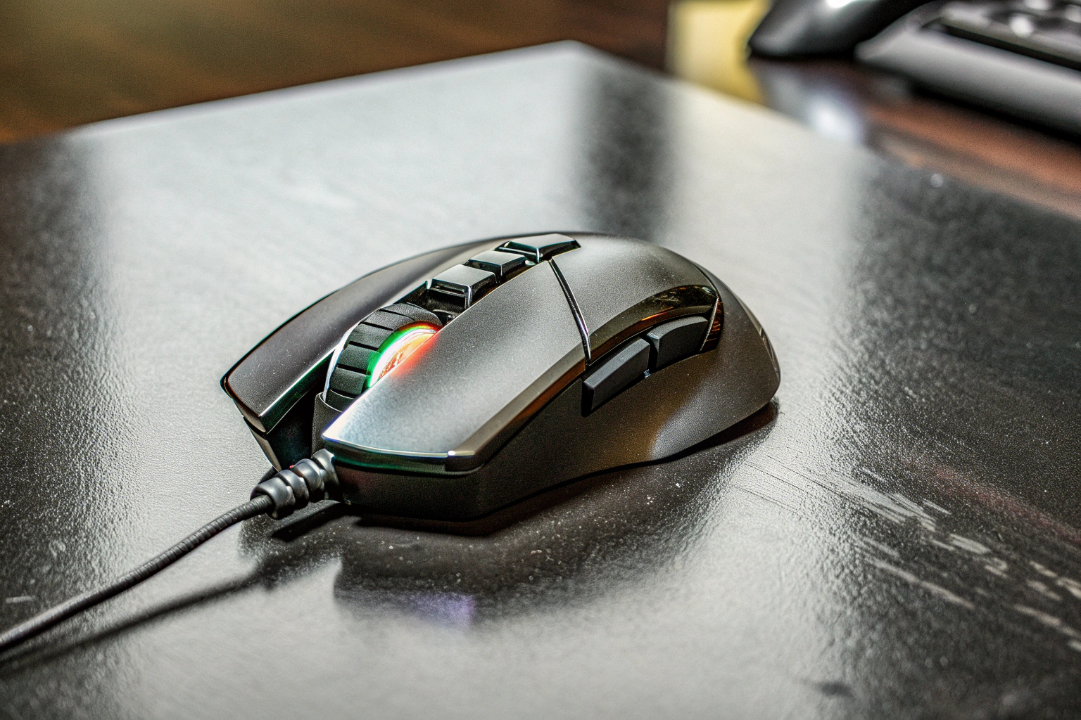 Detailaufnahme einer Logitech G502 HERO Gaming-Maus, die ihre RGB-Beleuchtung und programmierbaren Tasten zeigt. Logitech G502 HERO Gaming-Maus