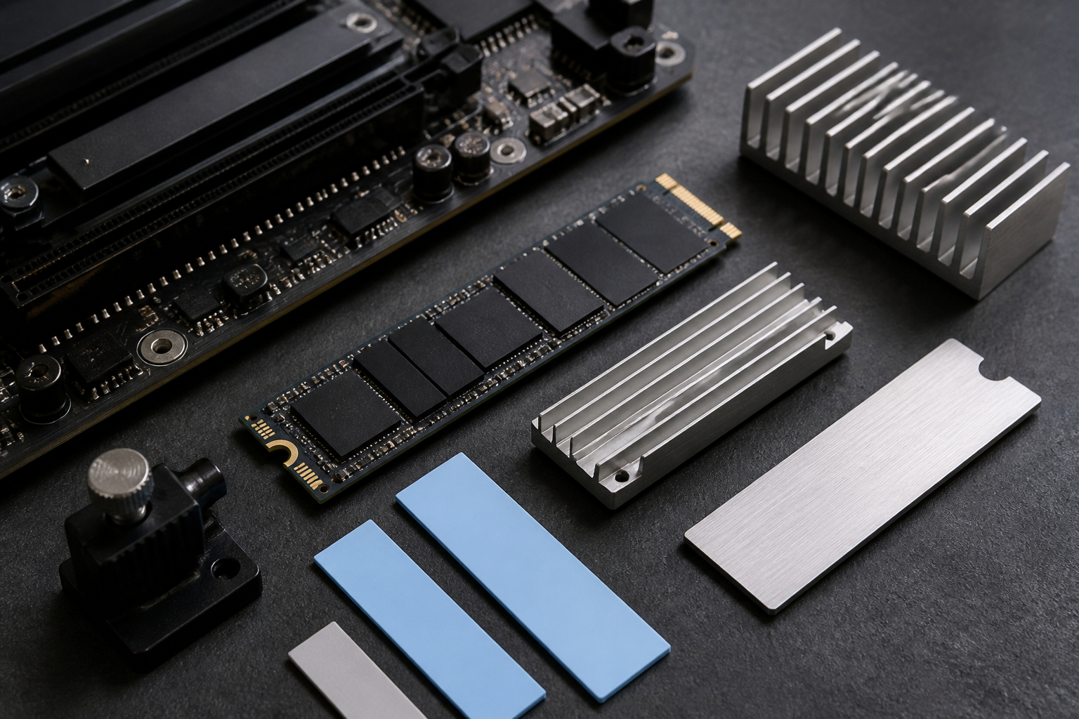 M.2 SSD und verschiedene Heatsinks mit Wärmeleitpads