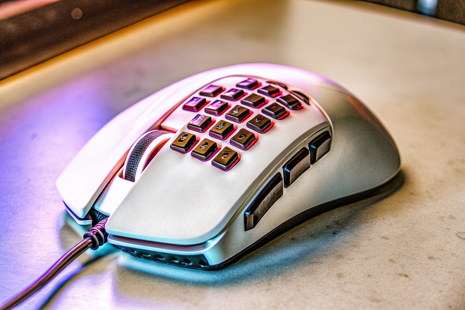 Detailaufnahme einer MMO-Gaming-Maus mit vielen programmierbaren Tasten und RGB-Beleuchtung. MMO-Gaming-Maus mit programmierbaren Tasten und RGB-Licht