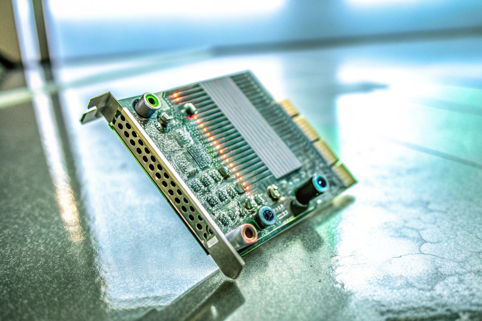 Detailaufnahme einer modernen Soundkarte im PCI-e-Format mit RGB-Beleuchtung. Moderne Soundkarte mit RGB-Beleuchtung
