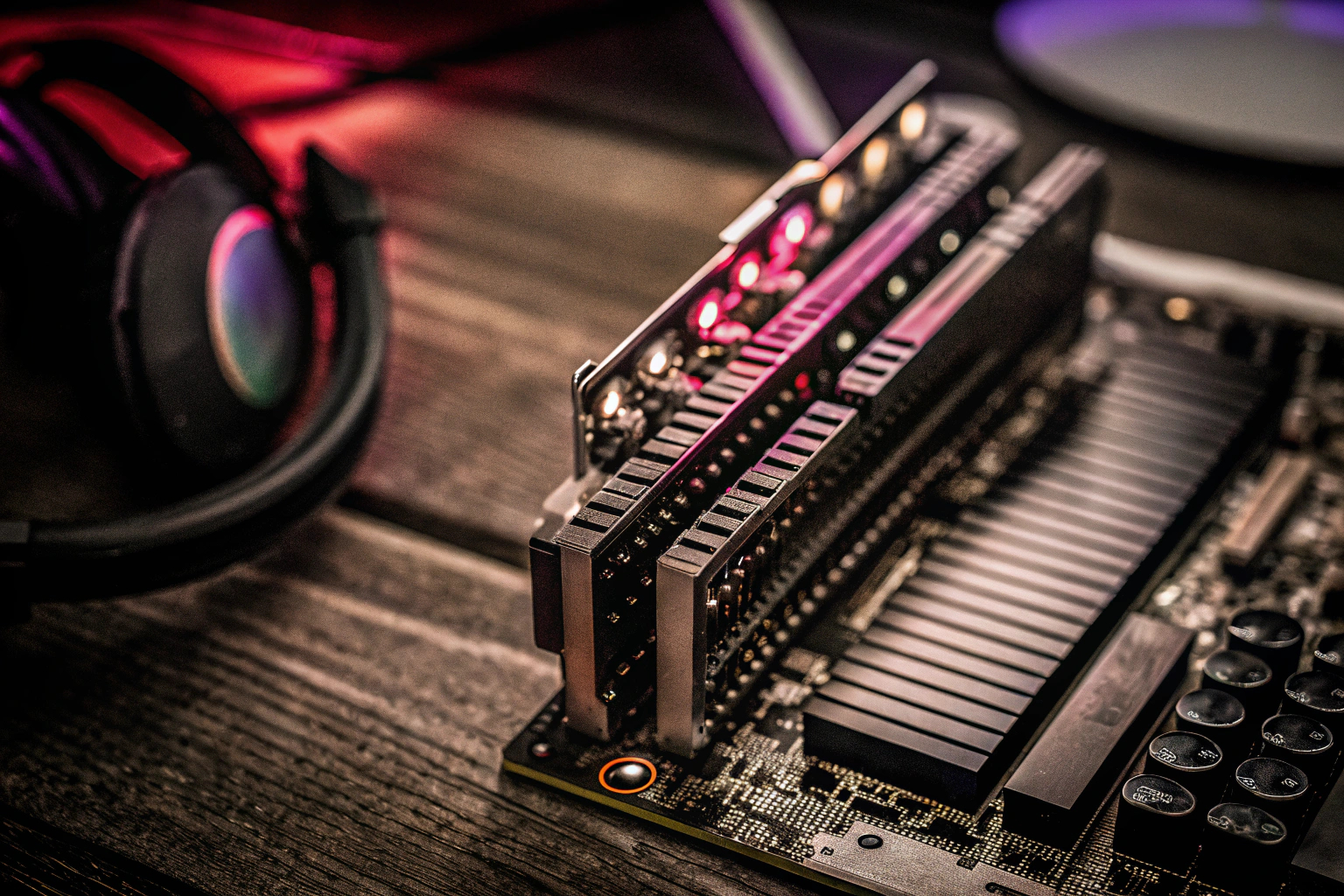 Detailaufnahme einer Sound BlasterX AE-5 Plus Soundkarte mit RGB-Beleuchtung im Einsatz. Sound BlasterX AE-5 Plus RGB-Beleuchtung