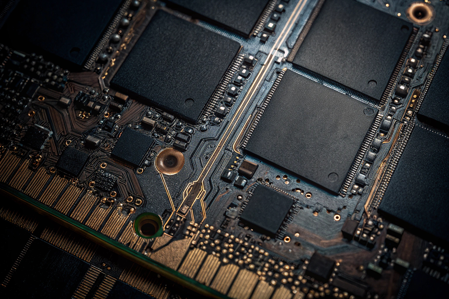 Detailaufnahme einer SSD-Platine mit sichtbaren NAND-Chips und Controller. SSD-Platine mit NAND-Chips