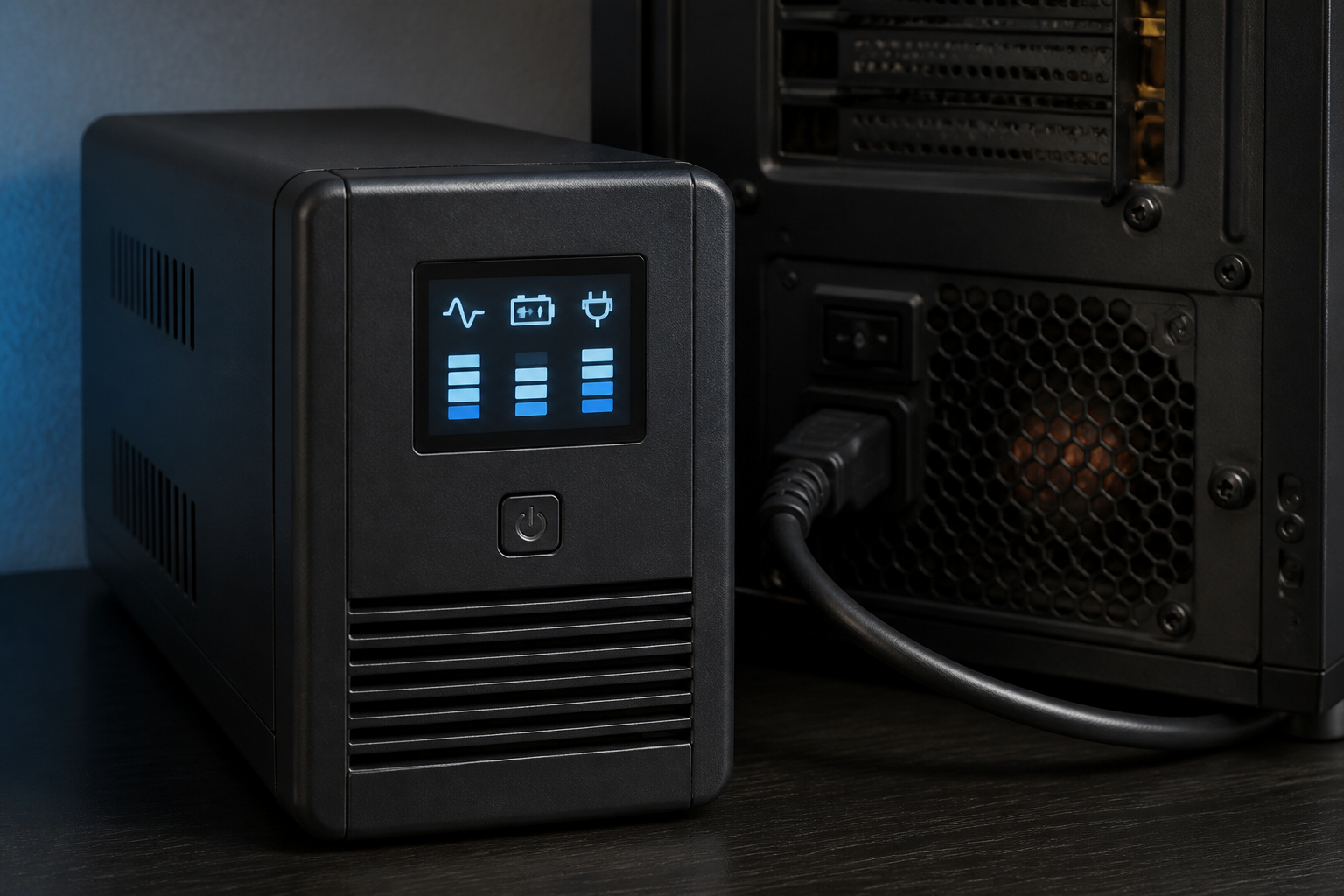 USV LCD Anzeige neben Gaming PC