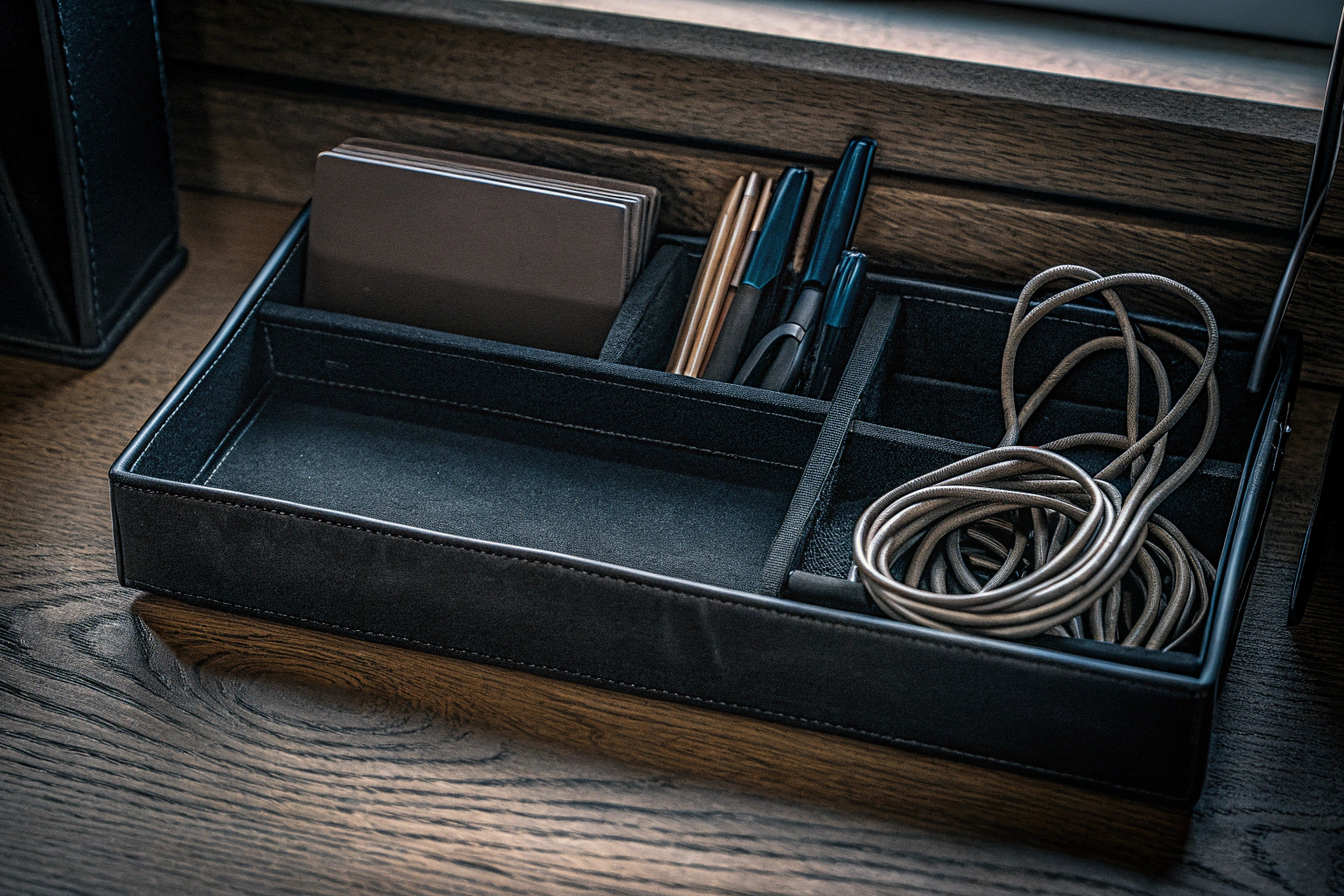 Detailaufnahme eines aufgeräumten Schreibtischs mit Kabelhaltern, die die Kabel ordentlich bündeln. Ordentlicher Schreibtisch mit Kabelhaltern