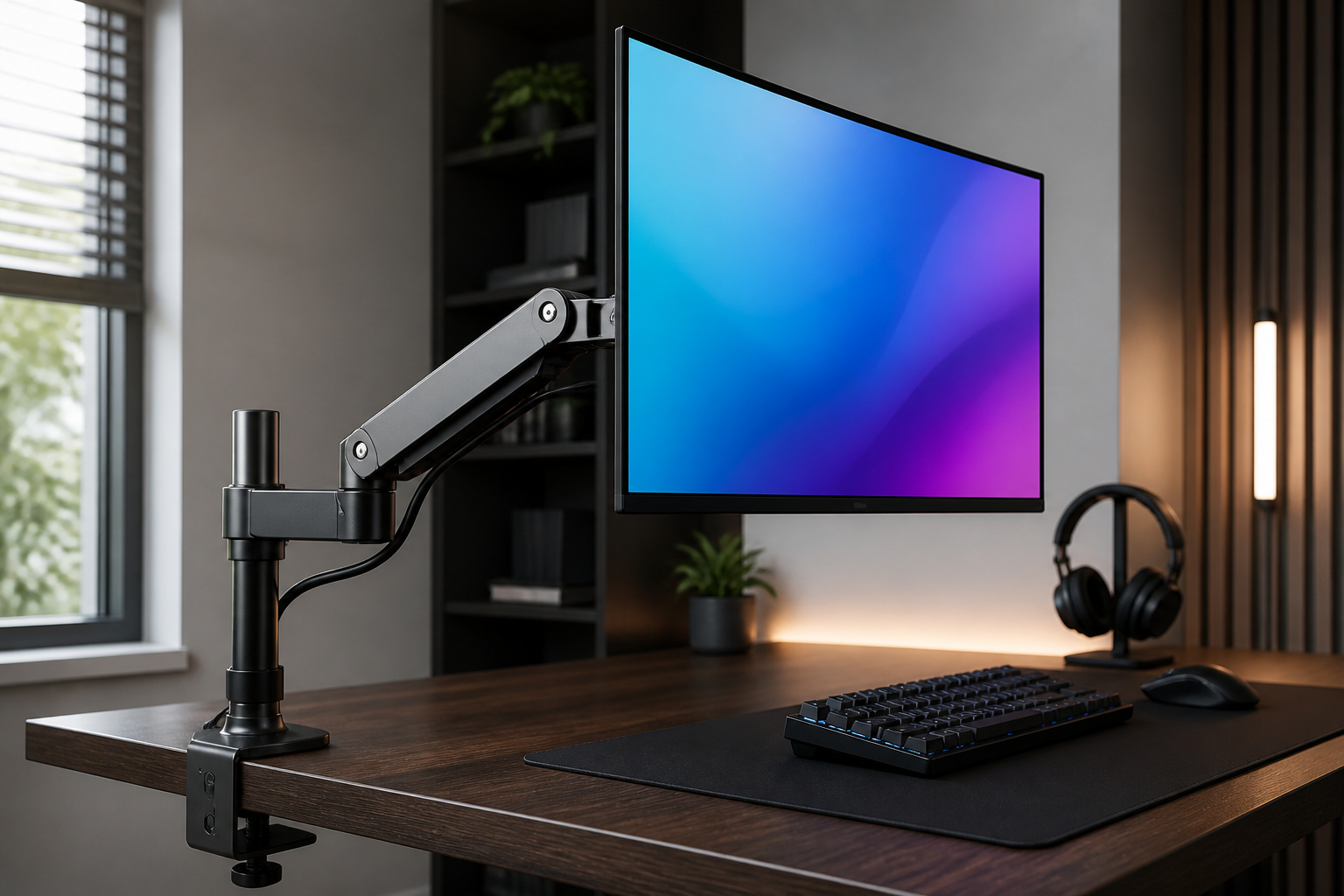 Einzelner Monitorarm mit höhenverstellbarem Bildschirm am Schreibtisch