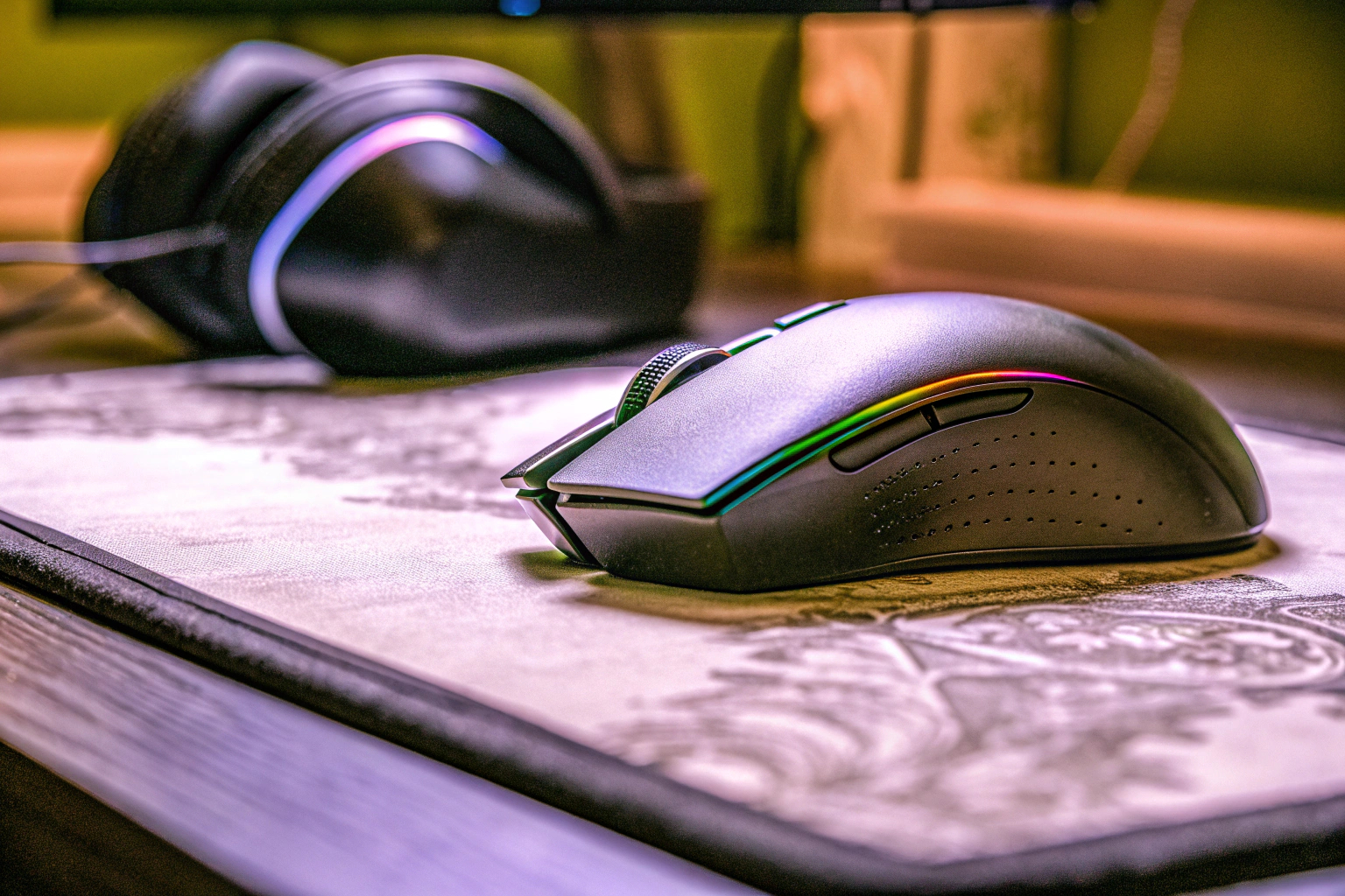Detailaufnahme eines Gamers mit präziser Gaming-Maus und Headset während einer Partie. Gamer mit Maus und Headset