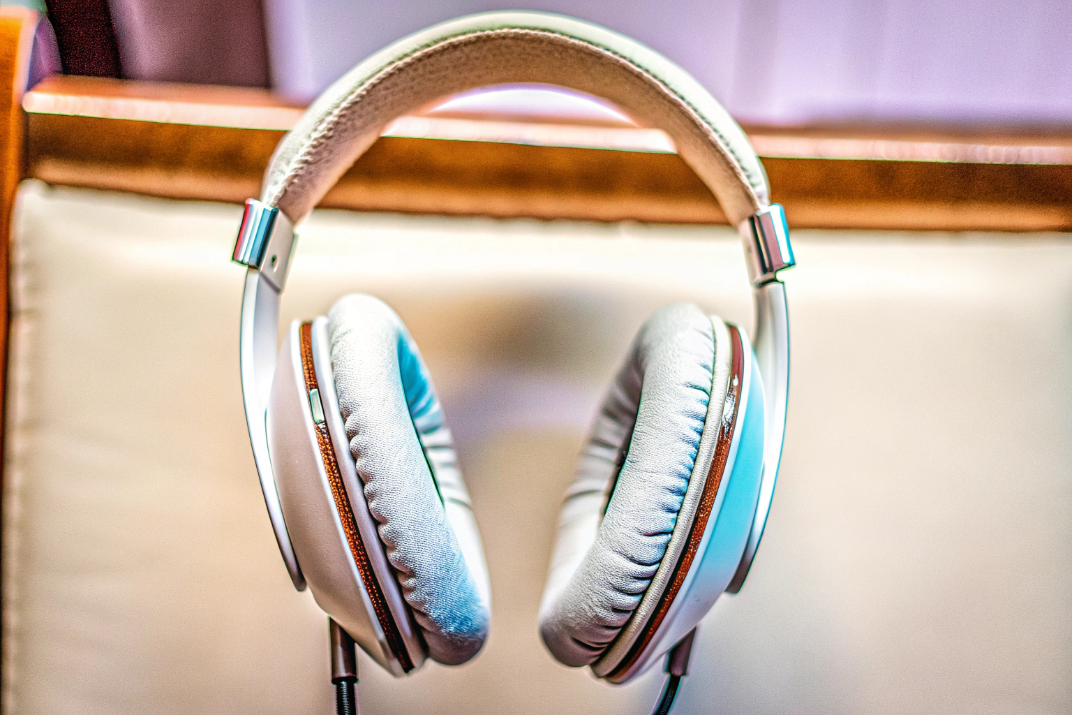 Detailaufnahme eines Gaming-Headsets mit Fokus auf die Ohrpolster und das Mikrofon. Detailaufnahme Gaming-Headset