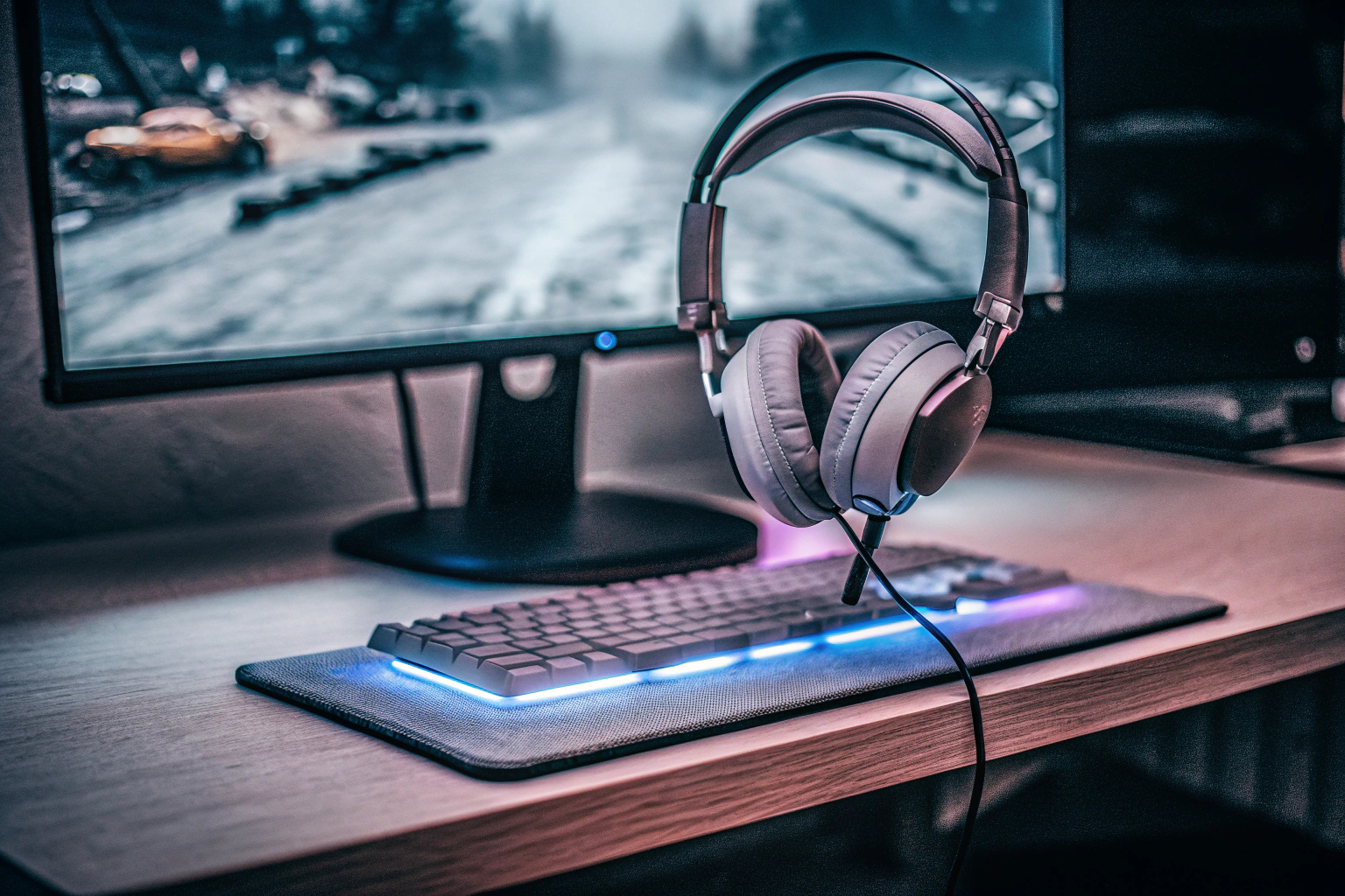 Detailaufnahme eines Gaming-Schreibtisches mit RGB-Mauspad und Kopfhörerständer. Gaming-Schreibtisch mit RGB-Beleuchtung