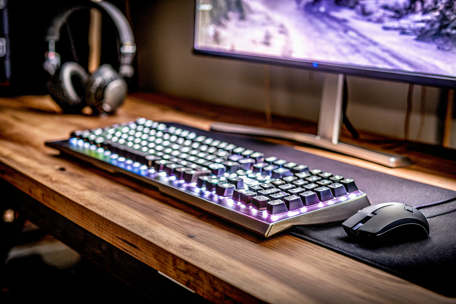 Detailaufnahme eines Gaming-Setups mit Monitor, Tastatur, Maus und Headset, das auf einem Schreibtisch angeordnet ist. Gaming-Setup mit Monitor, Tastatur, Maus und Headset